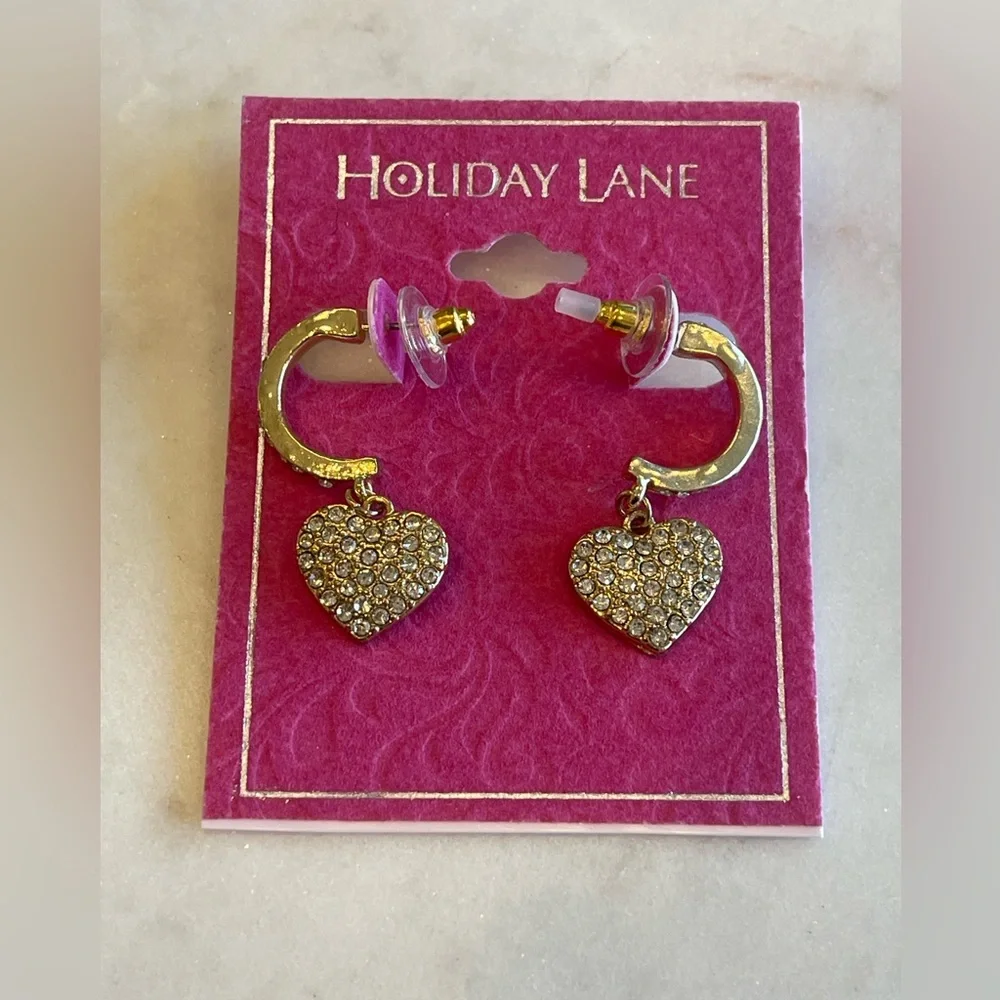 HOLIDAY LANE PAVE PUFFY HEART GOLD TONE CRYSTAL CHARM HOOP EARRINGS Valentine
